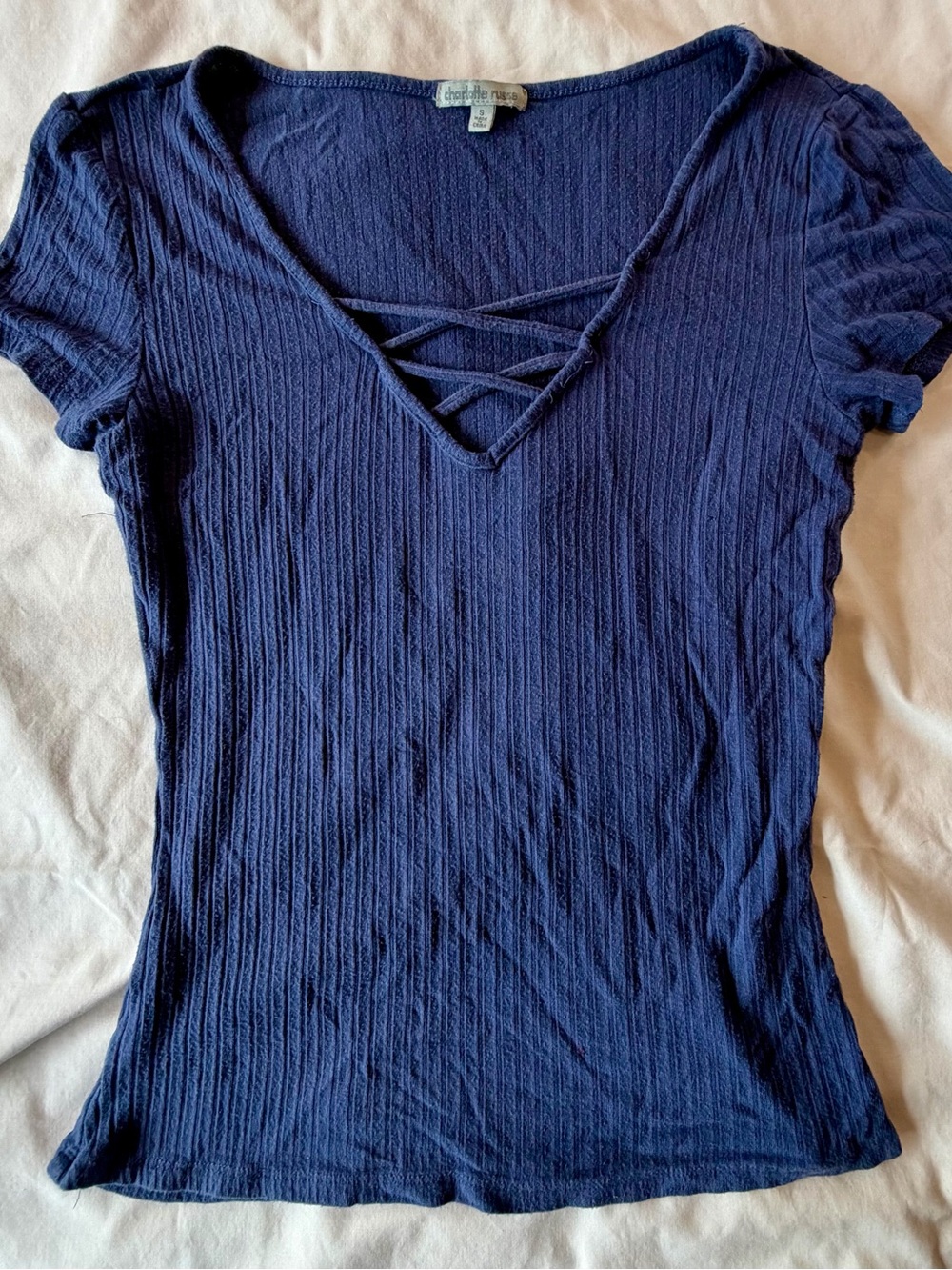 Charlotte Russe Navy Ribbed Crisscross V-Neck Short Sleeve Top